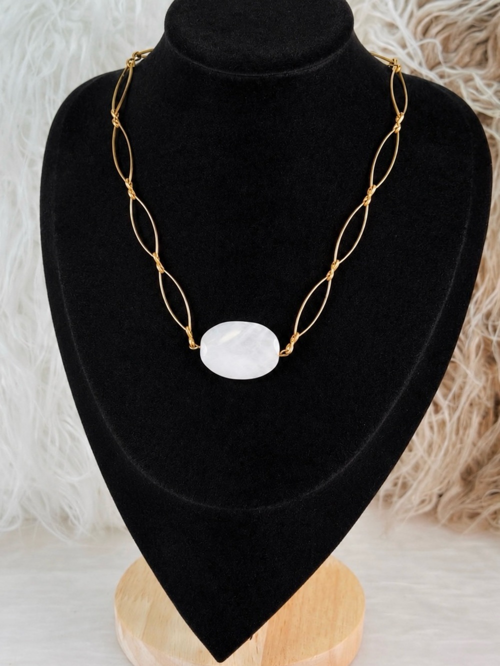 Gorgeous, white polished stone, brass tone, chain vintage, custom necklace